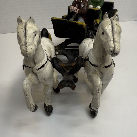 Vintage Cast Iron Double White Horse Drawn Carriage With Driver & Lady Passenger - Picture 3 of 7